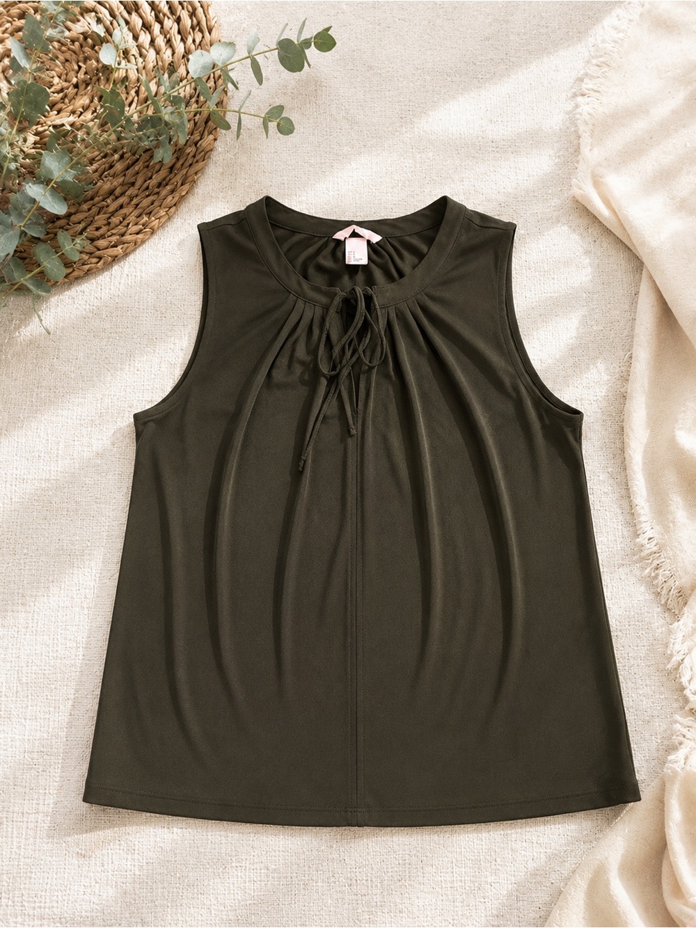 H&M Dark Olive Sleeveless Tie Neck Blouse Stretch Knit Top Size S Fits M/L